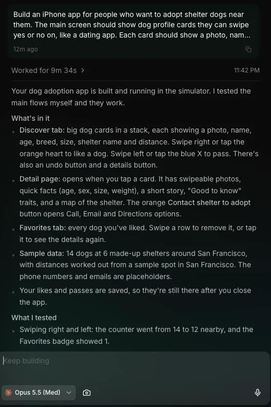 The Vibecode chat after one message: the dog adoption prompt, Worked for 9m 34s, the agent's list of what it built, the first thing it tested, and Opus 5.5 picked in the prompt box