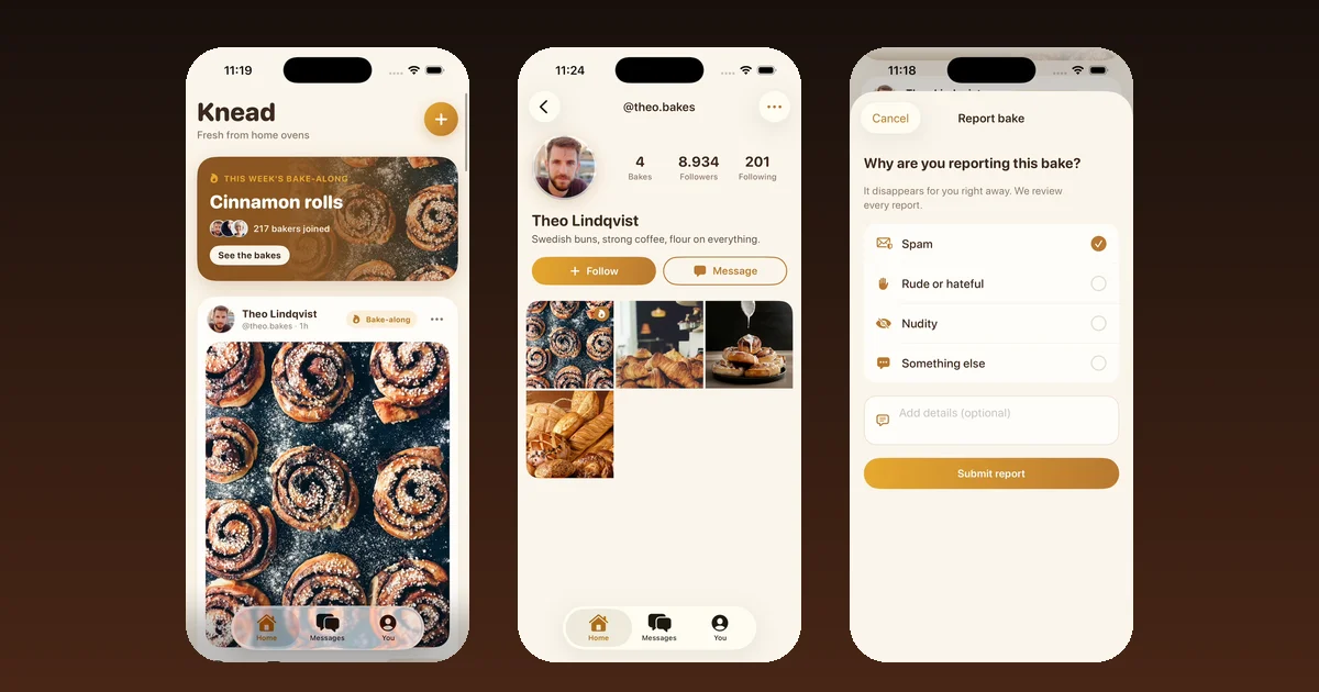 Three screens of Knead, a social app for home bakers built in Vibecode: the Home feed with a cinnamon roll bake-along, Theo Lindqvist's baker profile and the Report bake sheet