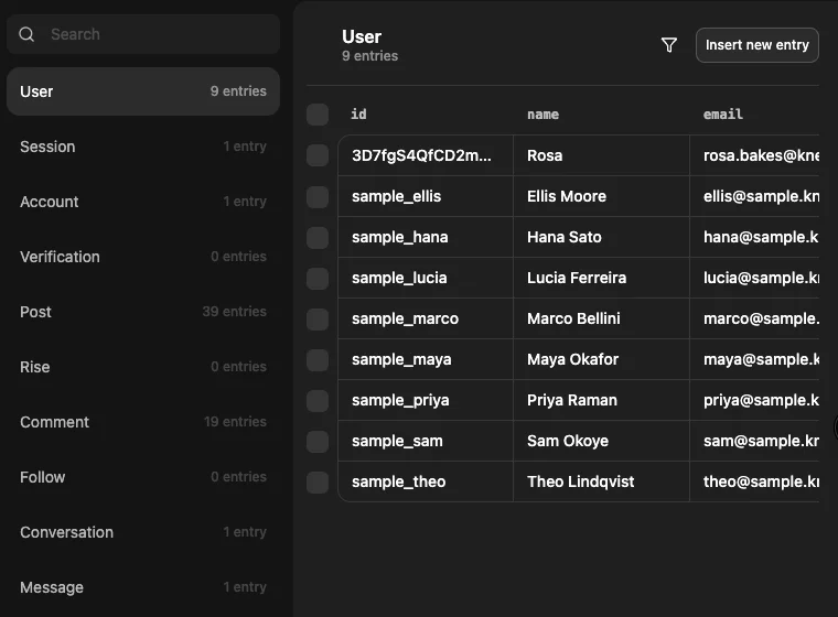 Knead's Database tab in Vibecode, listing the User, Session, Account, Verification, Post, Rise, Comment, Follow, Conversation and Message tables, with the User table open on Rosa and the 8 sample bakers