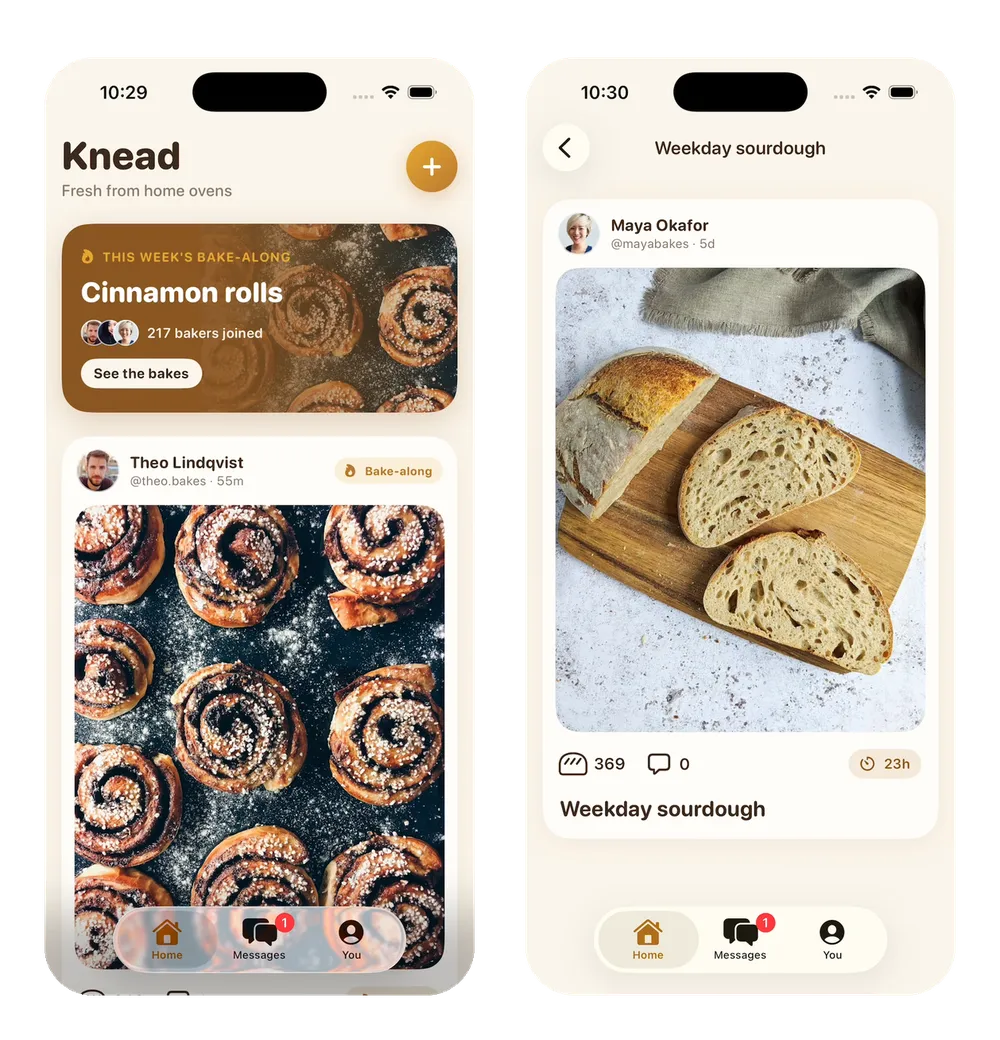 Knead after message 1: the Home feed with the Cinnamon rolls bake-along banner above Theo Lindqvist's post, and Maya Okafor's Weekday sourdough on its own page with 369 rises and a 23h bake time