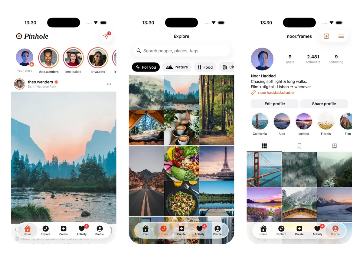 Three screens of Pinhole, an Instagram clone built from the prompt above: the Home feed with story rings and a photo post from Banff National Park, Explore with a search bar and photo grid, and noor.frames' profile with counts, story highlights and a photo grid