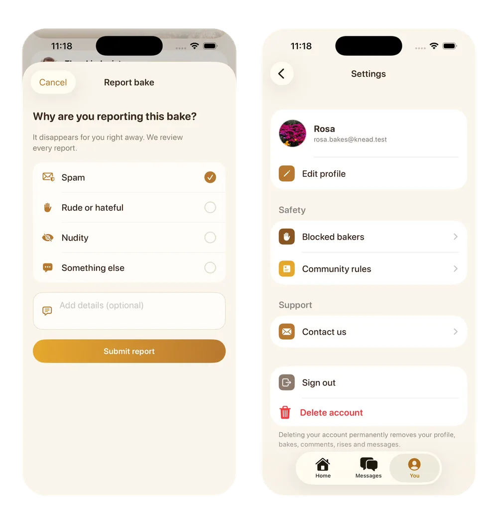 Two Knead screens added by message 3: the Report bake sheet with Spam selected, and Settings with Blocked bakers, Community rules, Contact us and Delete account