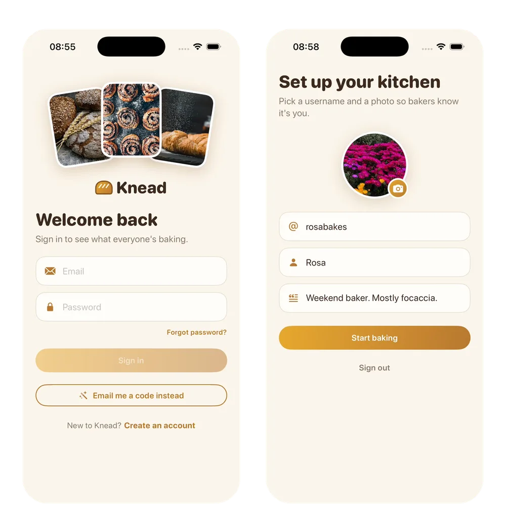 Two Knead screens added by message 2: the Welcome back sign-in screen with email and password fields and an Email me a code instead button, and the Set up your kitchen screen with a profile photo, the username rosabakes and a short bio