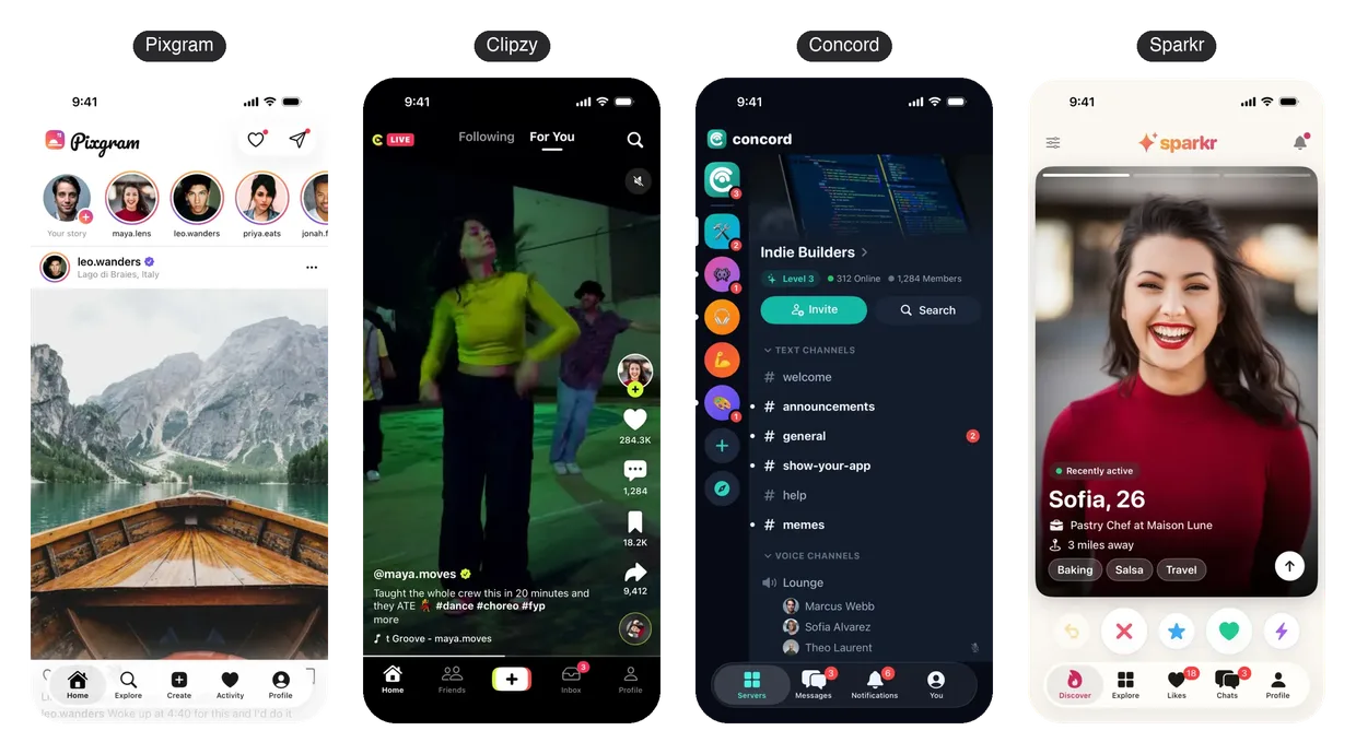 Four free social app templates in Vibecode: Pixgram's photo feed with story rings, Clipzy's full-screen video feed, Concord's community with text and voice channels, and Sparkr's swipe card for a dating profile