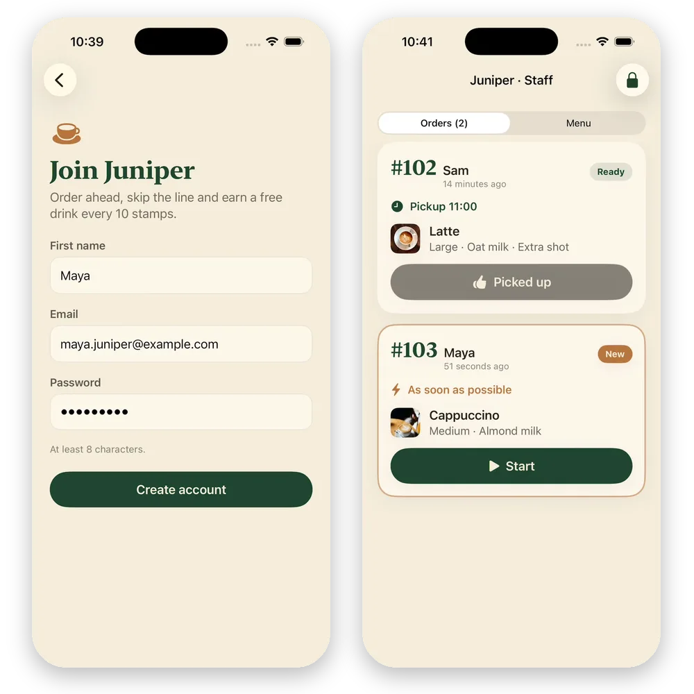 Two Juniper screens added by message 2: the Join Juniper sign-up form filled in for Maya, and the Juniper Staff screen with order 102 for Sam marked Ready and order 103 for Maya marked New with a Start button