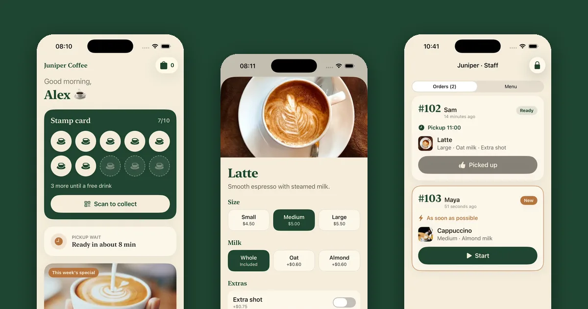 Three screens of Juniper, a coffee shop app built in Vibecode: the Home tab with a stamp card at 7 of 10, the Latte screen with size and milk choices, and the staff screen with orders for Sam and Maya