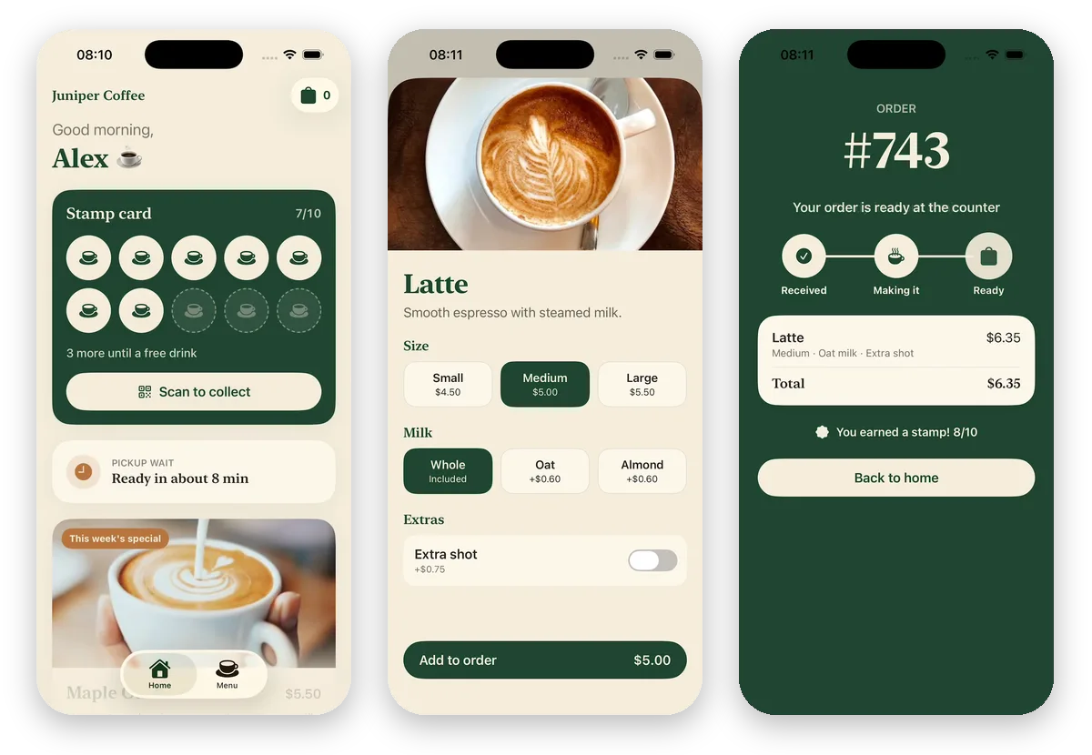 Juniper after message 1: the Home tab greeting Alex with a stamp card at 7 of 10, the Latte screen with size, milk and extra shot choices, and order 743 marked Ready with You earned a stamp, 8/10