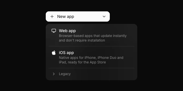 Vibecode's New app menu with Web app, for browser-based apps that update instantly, iOS app, for native apps for iPhone, iPhone Duo and iPad, and Legacy