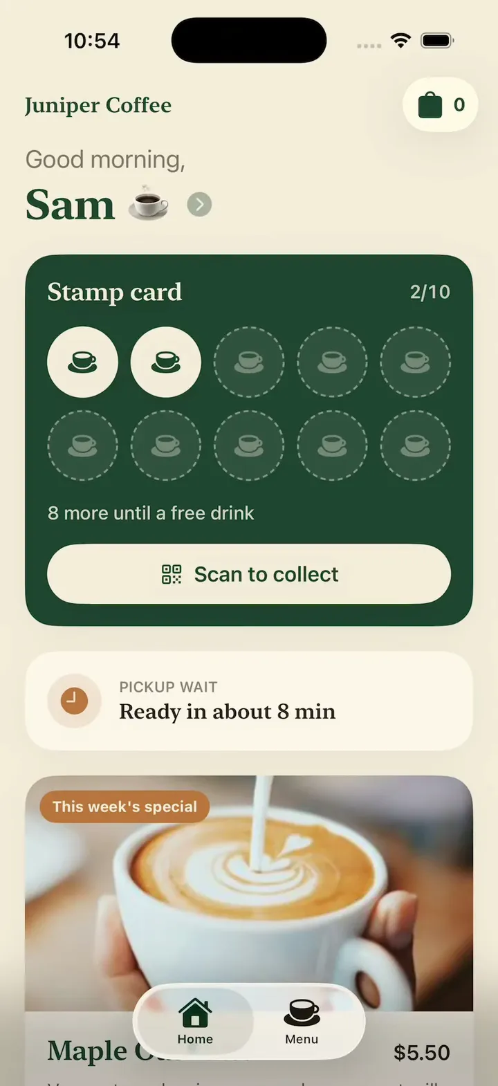 Juniper, a coffee shop app built in Vibecode