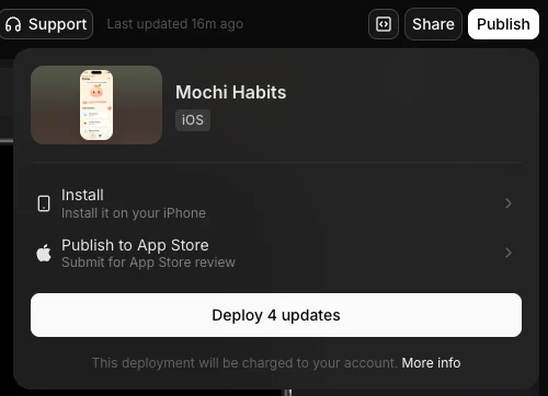 Mochi's Publish menu in Vibecode with two choices, Install it on your iPhone and Publish to App Store, above a Deploy button