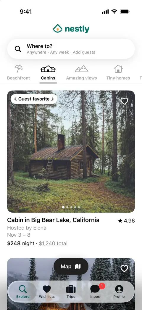Nestly, a Airbnb clone built with Vibecode: screen 1