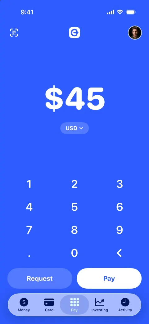 Cashly, a Cash App clone built with Vibecode: screen 1