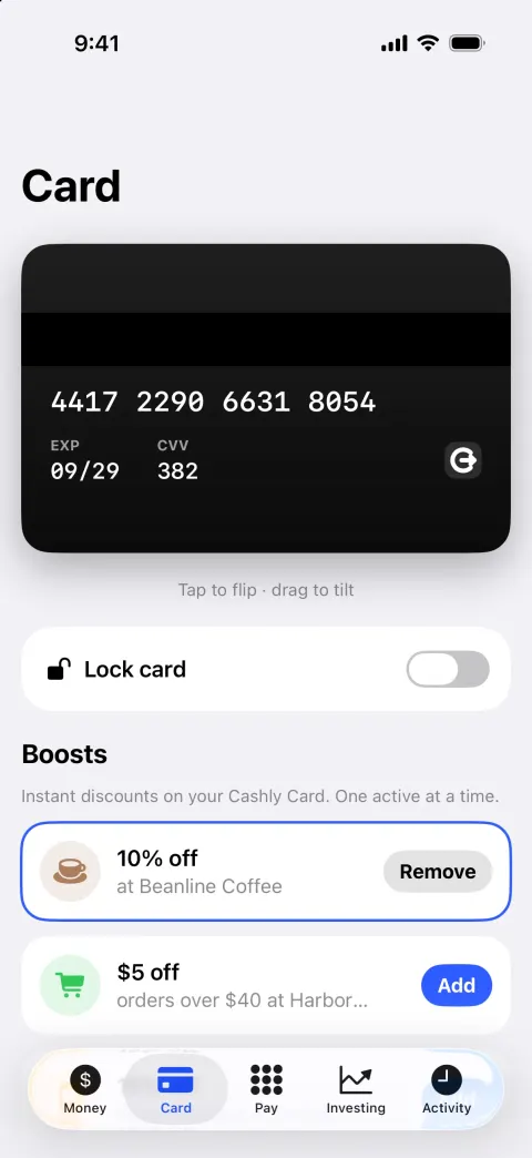 Cashly, a Cash App clone built with Vibecode: screen 4
