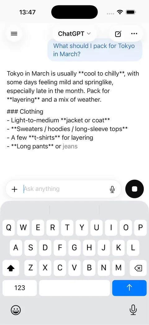 After the first prompt: a real GPT-5.4 Mini answer about packing for Tokyo, with raw markdown symbols