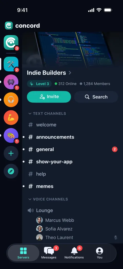 Concord, a Discord clone built with Vibecode: screen 1
