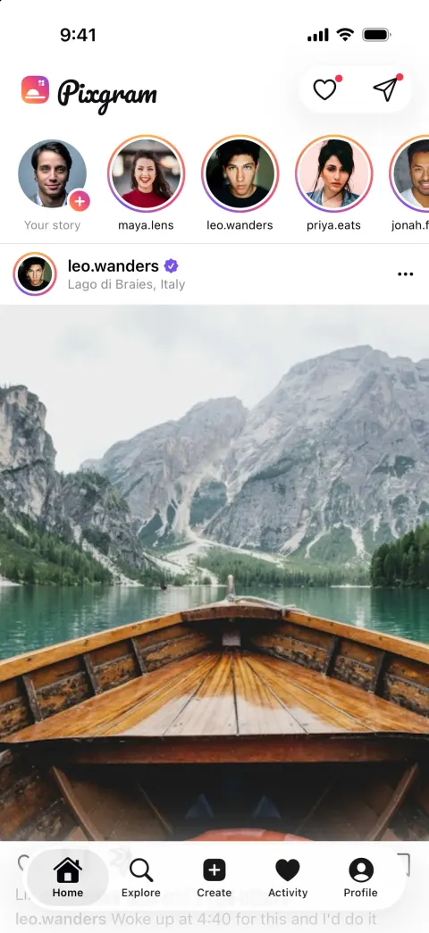 Pixgram, a Instagram clone built with Vibecode: screen 1