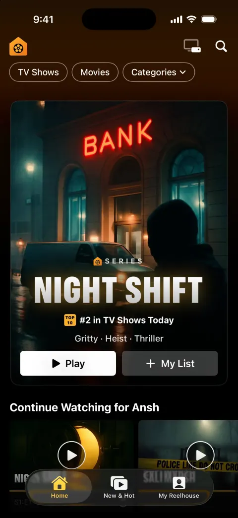 Reelhouse, a Netflix clone built with Vibecode: screen 2