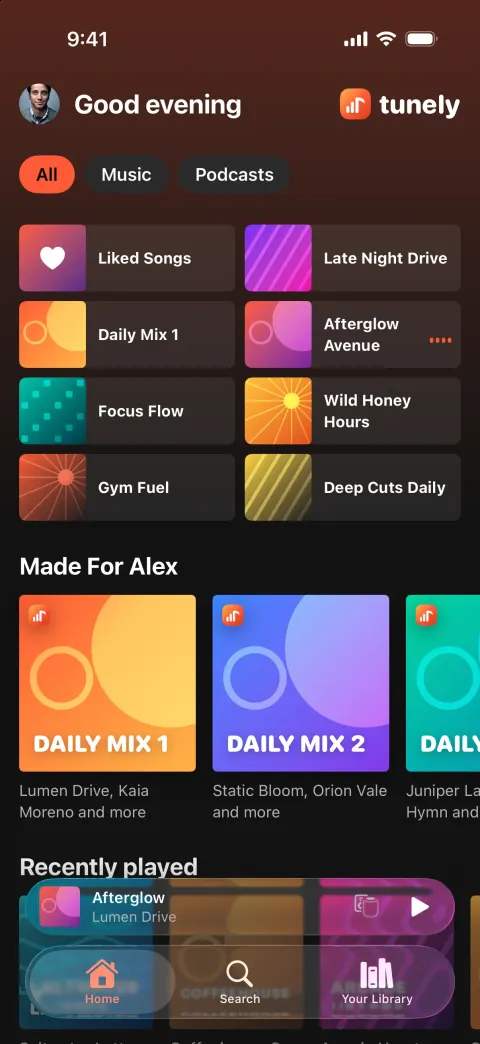 Tunely, a Spotify clone built with Vibecode: screen 1