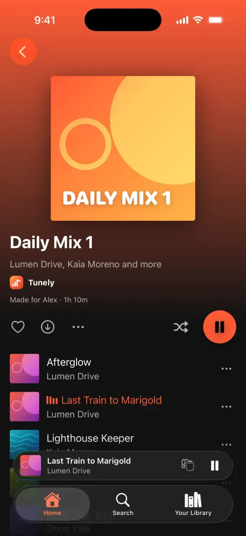 Tunely, a Spotify clone built with Vibecode: screen 2