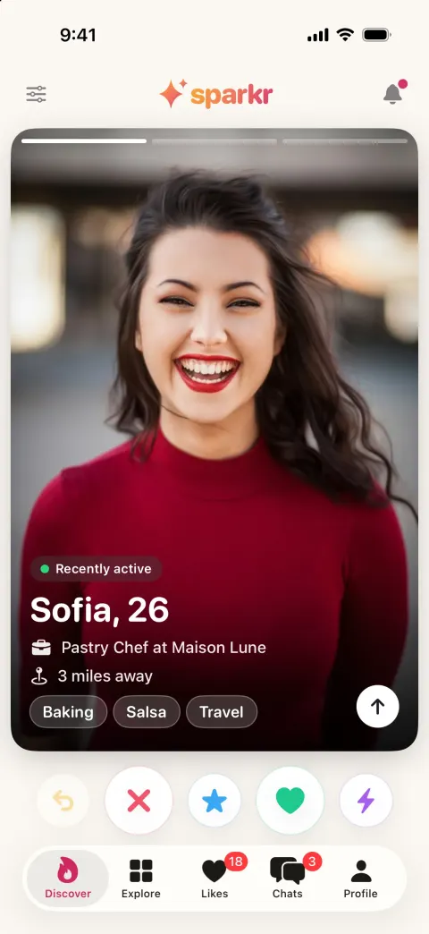 Sparkr, a Tinder clone built with Vibecode: screen 1