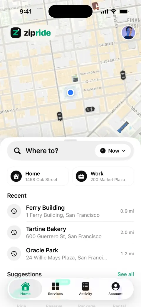 Zipride, a Uber clone built with Vibecode: screen 1