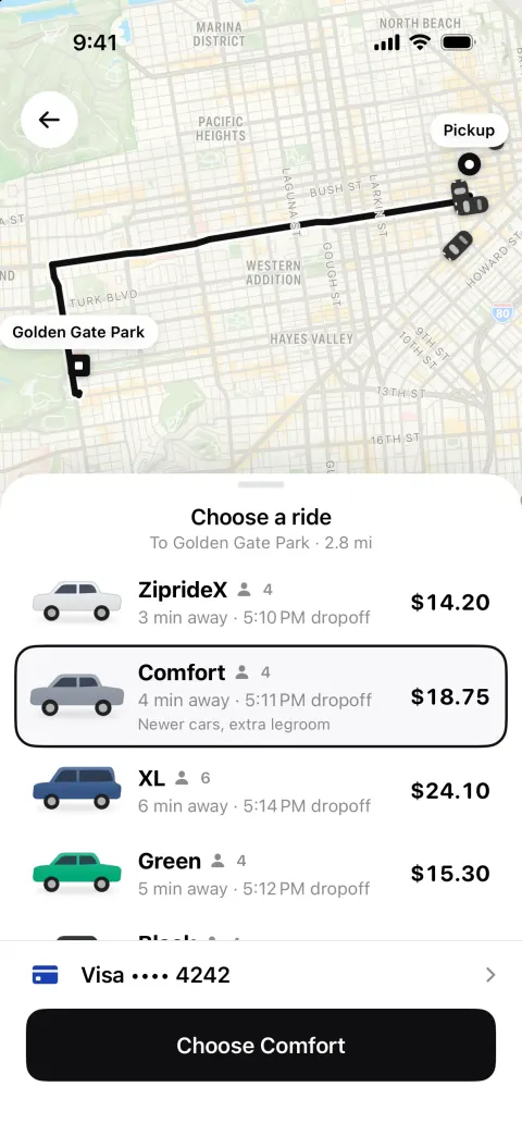 Zipride, a Uber clone built with Vibecode: screen 2