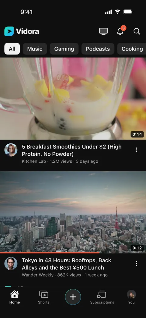 Vidora, a YouTube clone built with Vibecode: screen 1