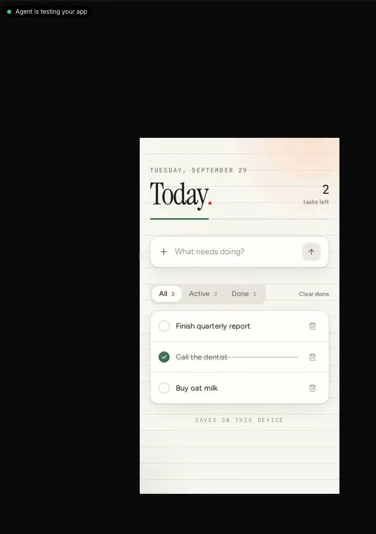 A to-do app in the Vibecode preview with the label 'Agent is testing your app'