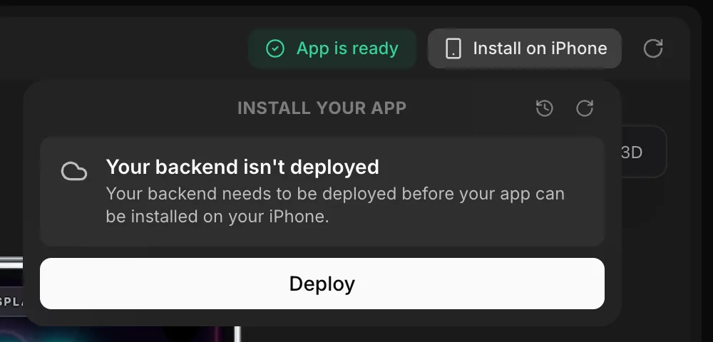 The Vibecode Install on iPhone panel asking to deploy the backend before building