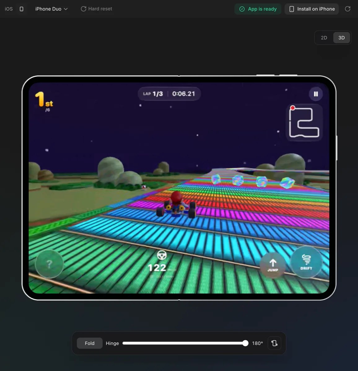 Tilt Kart, a native Swift 3D kart racing game built with Vibecode, mid-race in the Vibecode iOS Simulator in the browser on an unfolded iPhone Duo