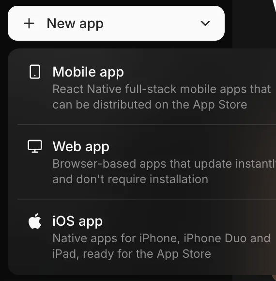 The Vibecode New app menu with three choices: Mobile app (React Native), Web app, and iOS app (native)