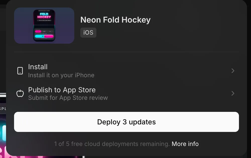 The Vibecode Publish menu for an iOS project with Install on your iPhone and Publish to App Store options
