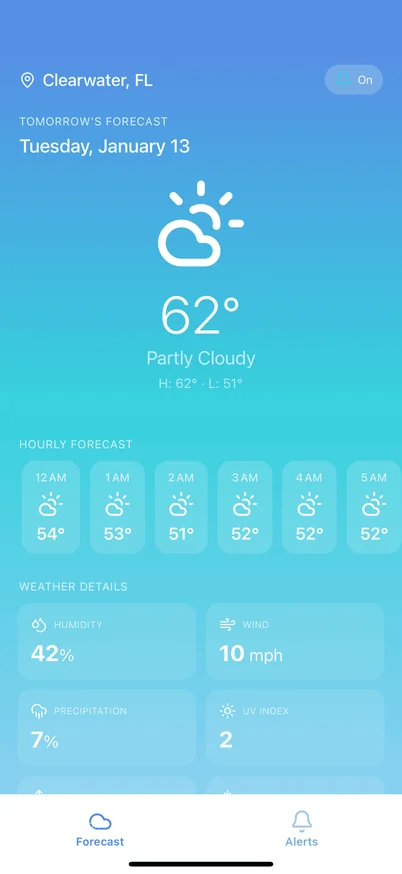 Tomorrow’s Weather Alert, an iPhone app built with Vibecode