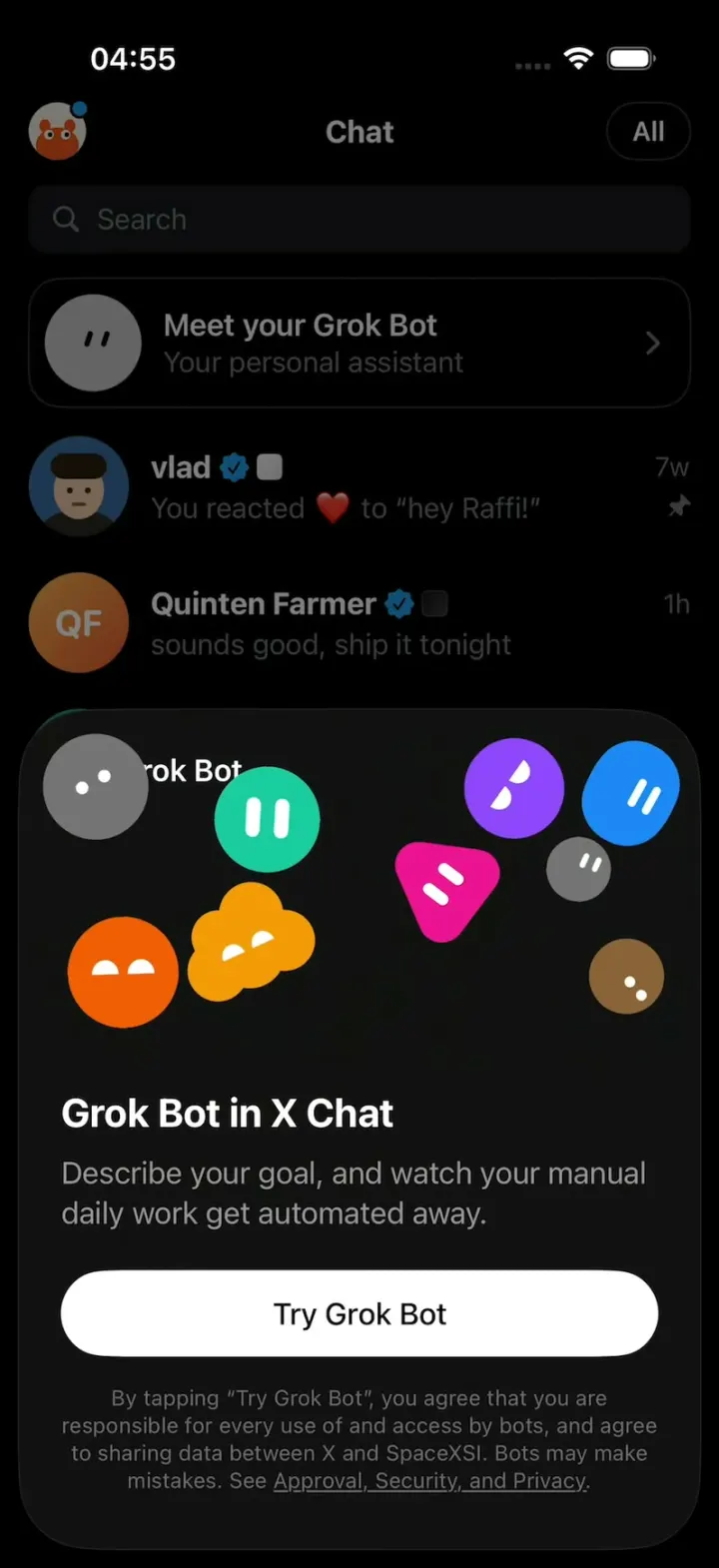 X Chat Grok Bot, chat app built with Vibecode
